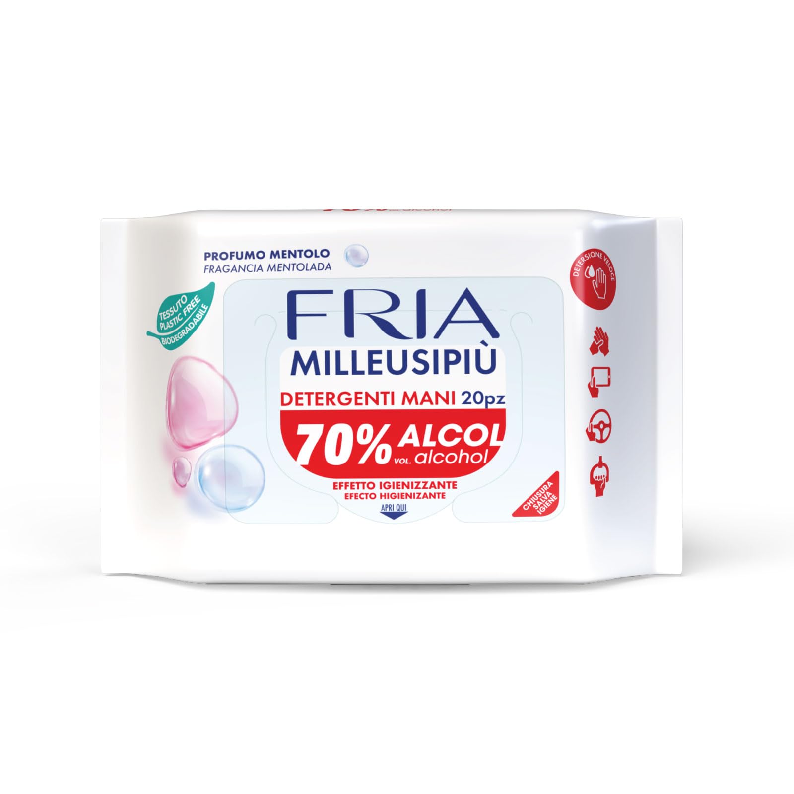 Fria MilleusiPiù Igienizzanti, Salviette Detergenti con Formula Igienizzante al 70% di Alcol, Tessuto Fibrasoft 3 Strati Biodegradabile, Confezione da 20 Salviette