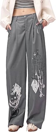 Gothic Print Wide Leg Pants for Women, High Waisted Loose Fit Trousers with Embroidered Cat