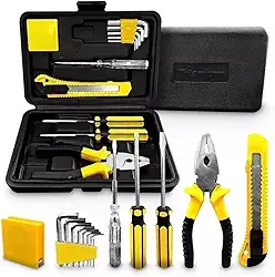 Kit de Ferramentas Manuais 12 Peças, Maleta Compacta com Chaves, Alicate e Estilete, Amarelo e Preto