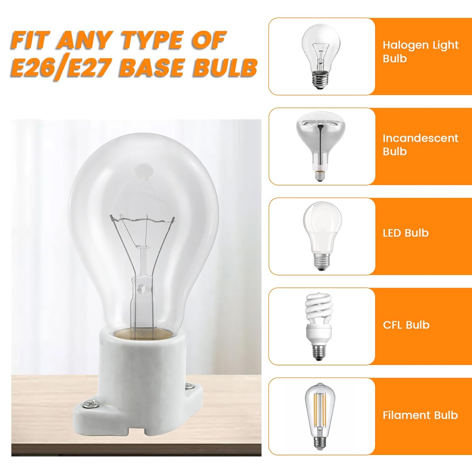 6 Pcs Porcelain Lamp Holder Socket, E26 Medium Base Keyless Light Bulb Holder Screw Threaded Base with Two Hole Flange Mounting and 6" Leads for LED and Incandescent Light Bulbs
