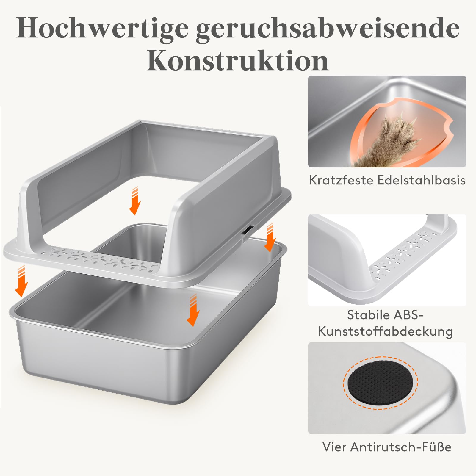 Lifewit Katzenklo Edelstahl XXL, 58x38x26cm Große Katzentoilette hoher Rand mit Schaufel für Mittelgroße und Große Katzen, Stainless Steel Cat Litter Box ohne Deckel, hop in Katzen Klo Offen, Grau - 5