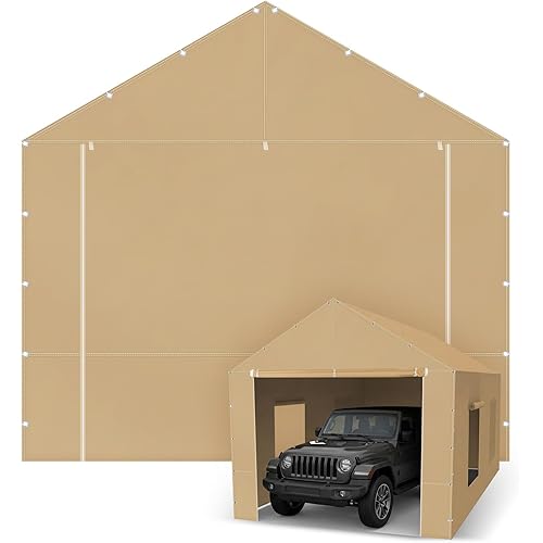 10 x 20 ft Carport Front Panel Tarp Khaki Canopy Shelter Replacement Cover with Opening Door Drill Holes on Both Sides Car Canopy Tent for Truck, Car, Boat