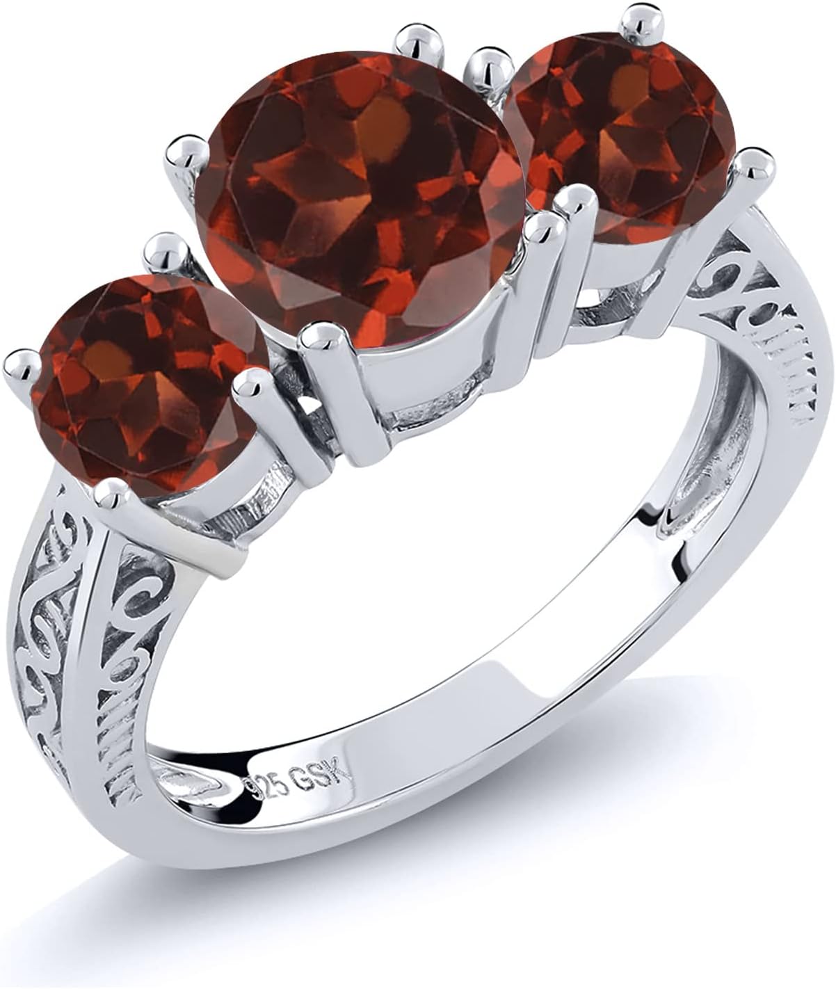Gem Stone King Gemstone Birthstone 3-Stone Ring for Women in 925 Sterling Silver | Round 7MM and 5MM | Three Stone Wedding Engagement Anniversary Promise Ring with Filigree Band | Size 5-9
