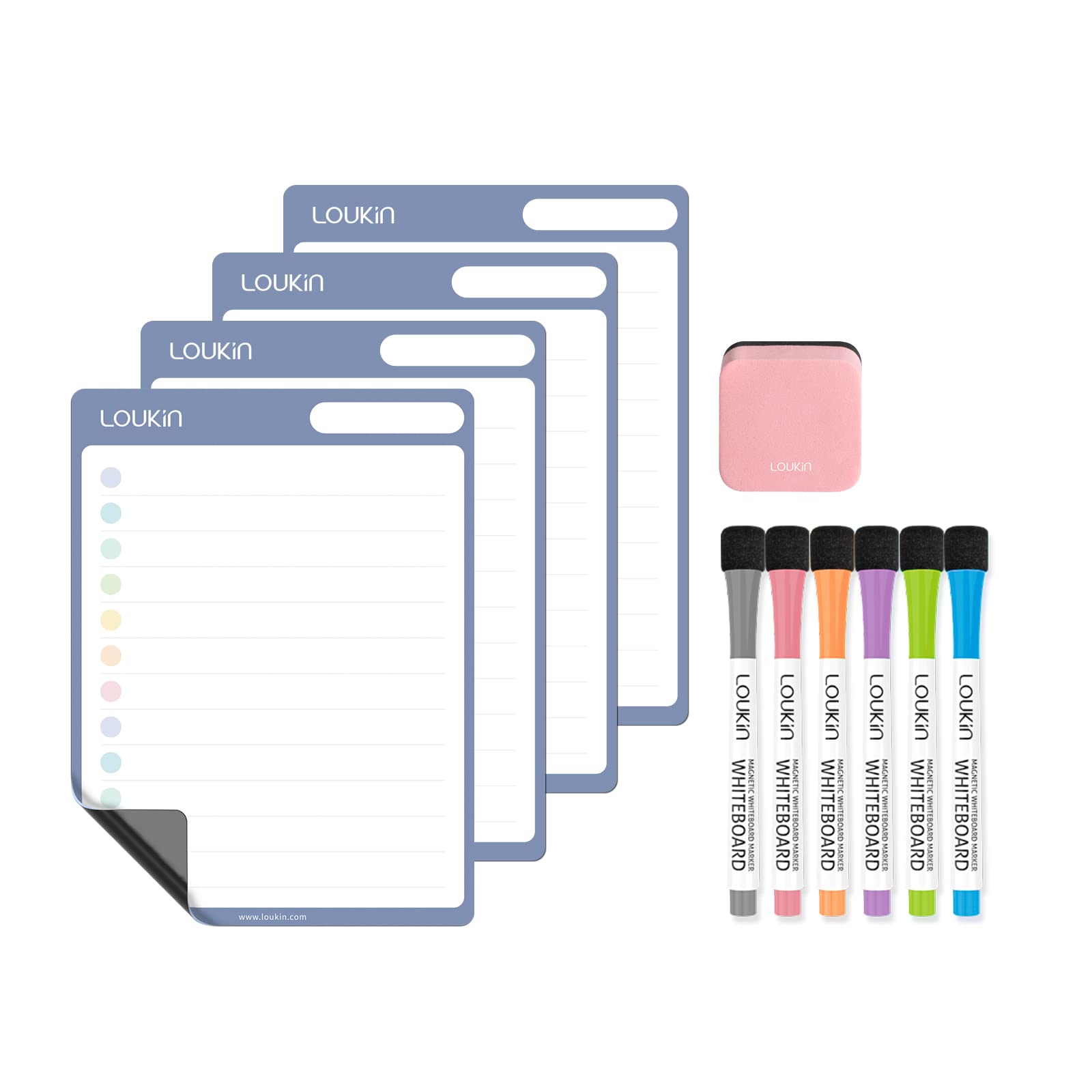 loukin Dry Erase Checklists 4 Pack, Electrostatic Clings to Any Shiny Surface, 7.9"×5.9" Whiteboard Shopping List, Reusable to do List for Office, Classroom, Refrigerator, 6 Markers&1 Eraser Included