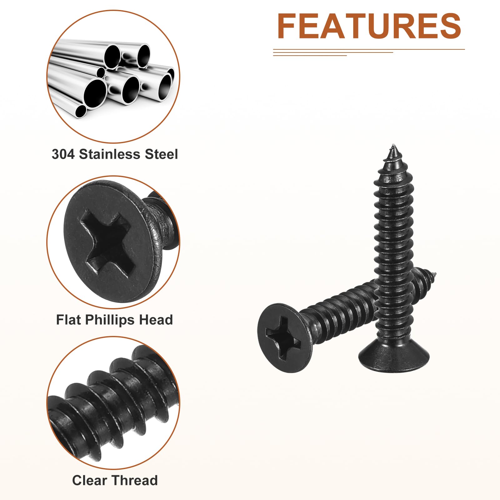 DTGN 100Pcs #14x1-3/4" Flat Head Wood Screws, 304 Stainless Steel Phillips Self Tapping Screws - Good for Woodworking Furniture - Black - Image 4