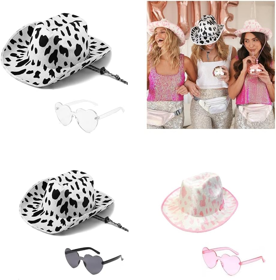 2pieces Cow Print Summer Cowgirl Hat with Heart Sunglasses Hat for Wedding