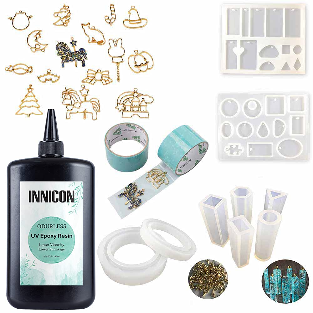 Geruchsneutral, 250 g, transparent, kein Vermischen von UV-Kleber, 9 Silikonformen, 15 offene Rückenfassungen für DIY-Schmuck, Handwerk, Anhänger, Anhänger, Halsketten, Ohrringe, Armbänder