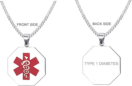 Miniatura 1 de VNOX Collar con colgante personalizado de acero inoxidable con grabado personalizado para identificación de alerta médica de emergencia para hombres