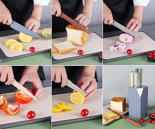 Miniatura 3 de Juego de cuchillos, 6 cuchillos de cocina codificados por colores con bloque, juego de cuchillos de chef de acero inoxidable con revestimiento