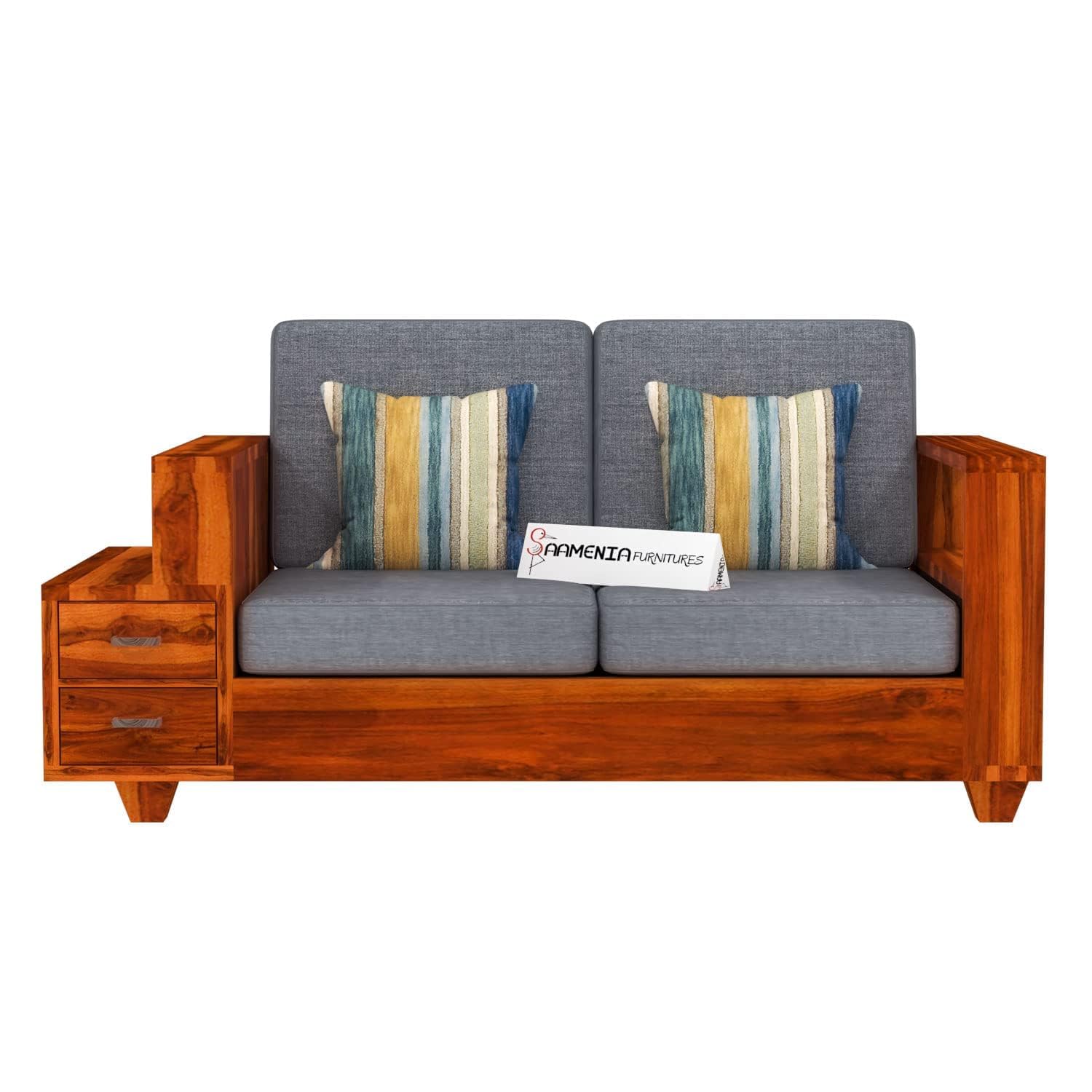 FURNESHO Sheesham Wood 2 Seater Sofa Set with 2 Drawer Wooden Sofa Set with 40 Density Cushions for Living Room Home Office (Honey Finish)-image-39