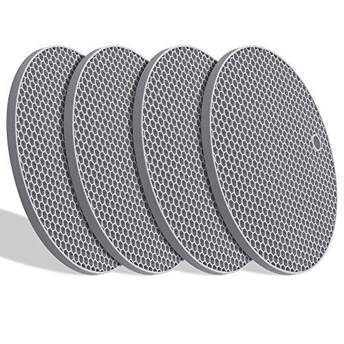 Silicone Hot Pads,Non Slip, Flexible, Durable Multi-Use Pot Holders, Trivets mat, Jar Opener, Spoon Rests,Garlic Peeler- Dishwasher Safe â€“Set of 4 -Grayï¼ˆRoundï¼‰ï¼‰