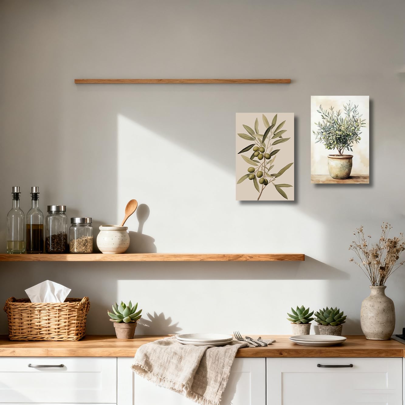 ZSHARTSWD 2 Piece Green Olive Wall Art Kitchen Pictures Olive Branch Canvas Print Rustic Fruit Still Life Plant Painting for Dining Room Office Decor Framed (11.00" x 14.00" x 2PCS)