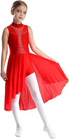 Girls Figure Skating Dance Dress Ballet Leotard Asymmetrical Flowy Skirt Modern Lyrical Dancewear