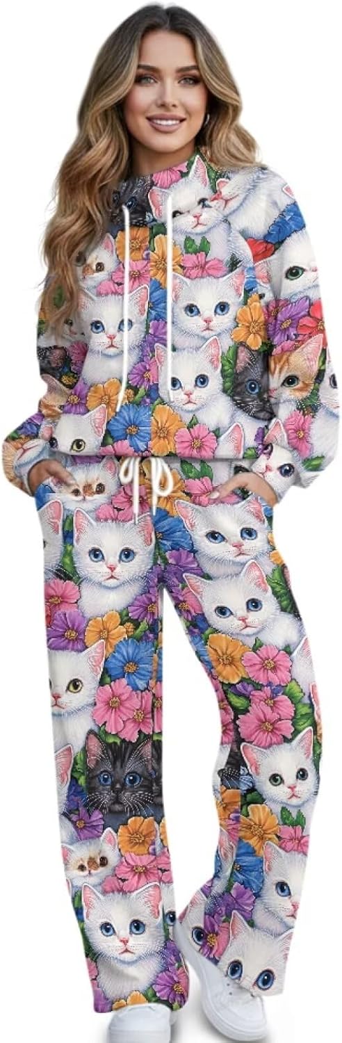 WELLFLYHOM Women's Pant Sets 2 Piece Matching Sweatsuit with Pockets Drawstring Wide Leg Athleisure Set Airport Outfits