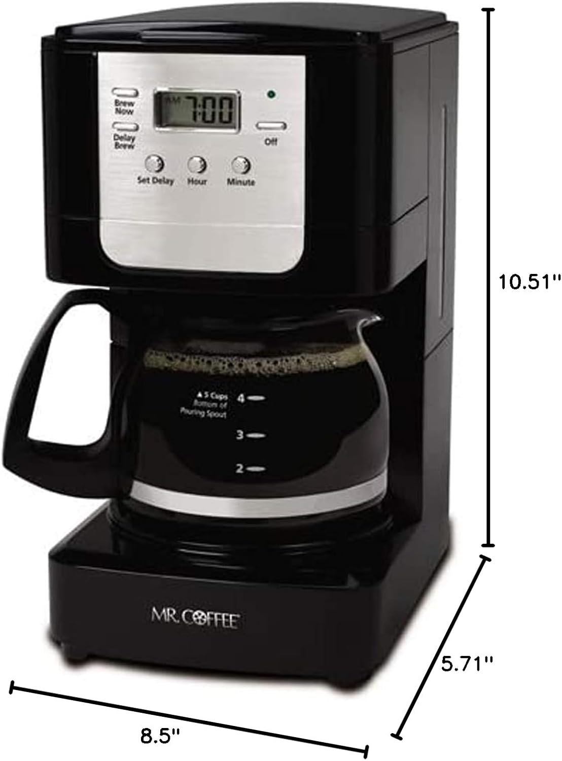 ຂ້າງ view of the Mr. Coffee Advanced Brew 5-Cup Programmable Coffee Maker with dimensions labeled: 10.51 inches high, 5.71 inches deep, and 8.5 inches wide.