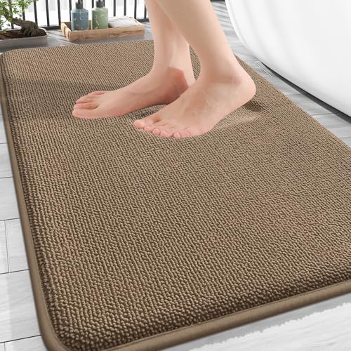 Image of OLANLY Thick Memory Foam Bath Mat Rug 34x21, Extra Soft Absorbent Bathroom Rug, Quick Dry Bath Mats, Non-Slip, Machine Washable Carpet for Bathroom, Tub and Shower, Home Decor Accessories, Tan