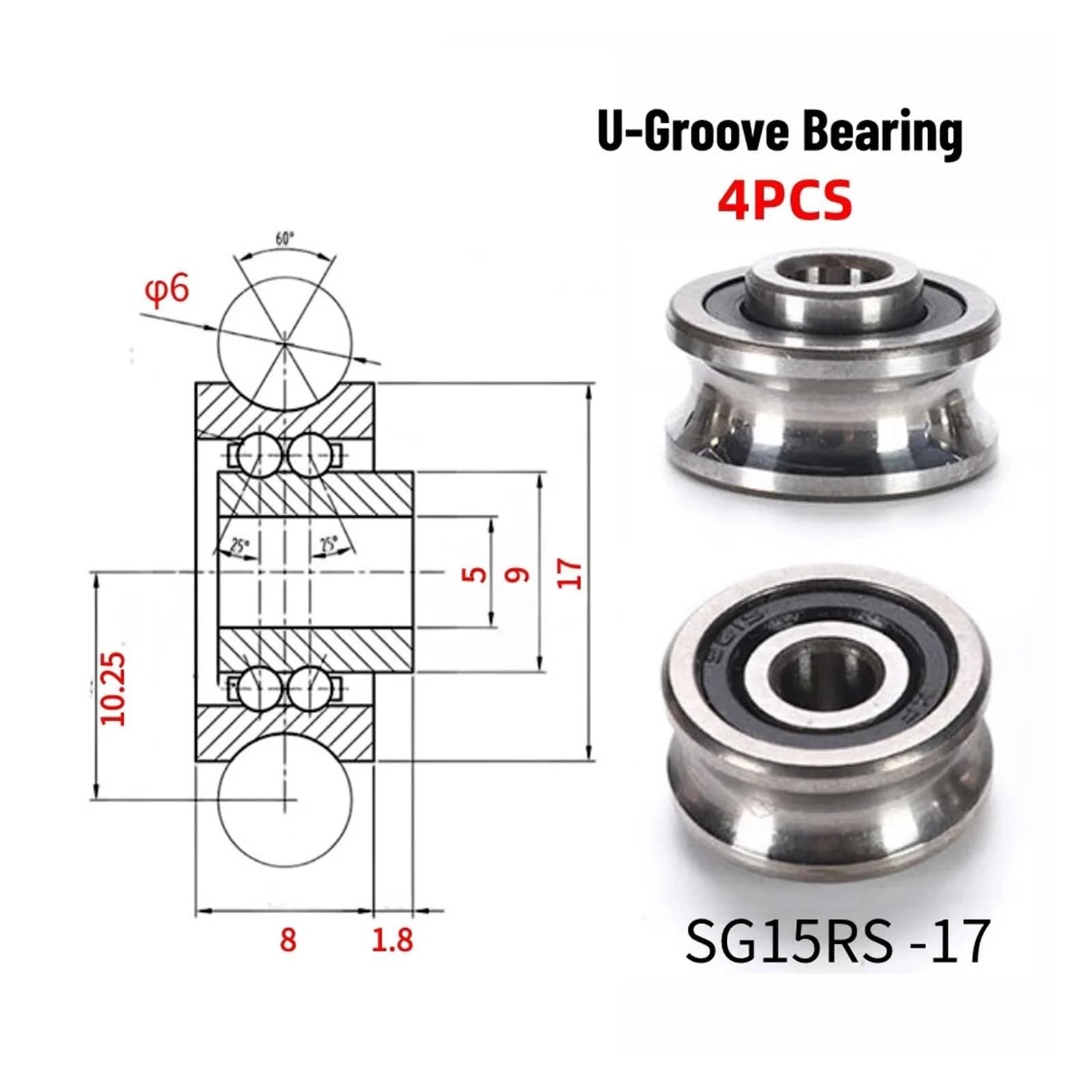 Paquete de 4 rodamientos de bolas de doble hilera de precisión en forma de U SG15 5X17X8MM con ranuras y tornillos SG15 SG15-M5-18(SG15-M5-18)