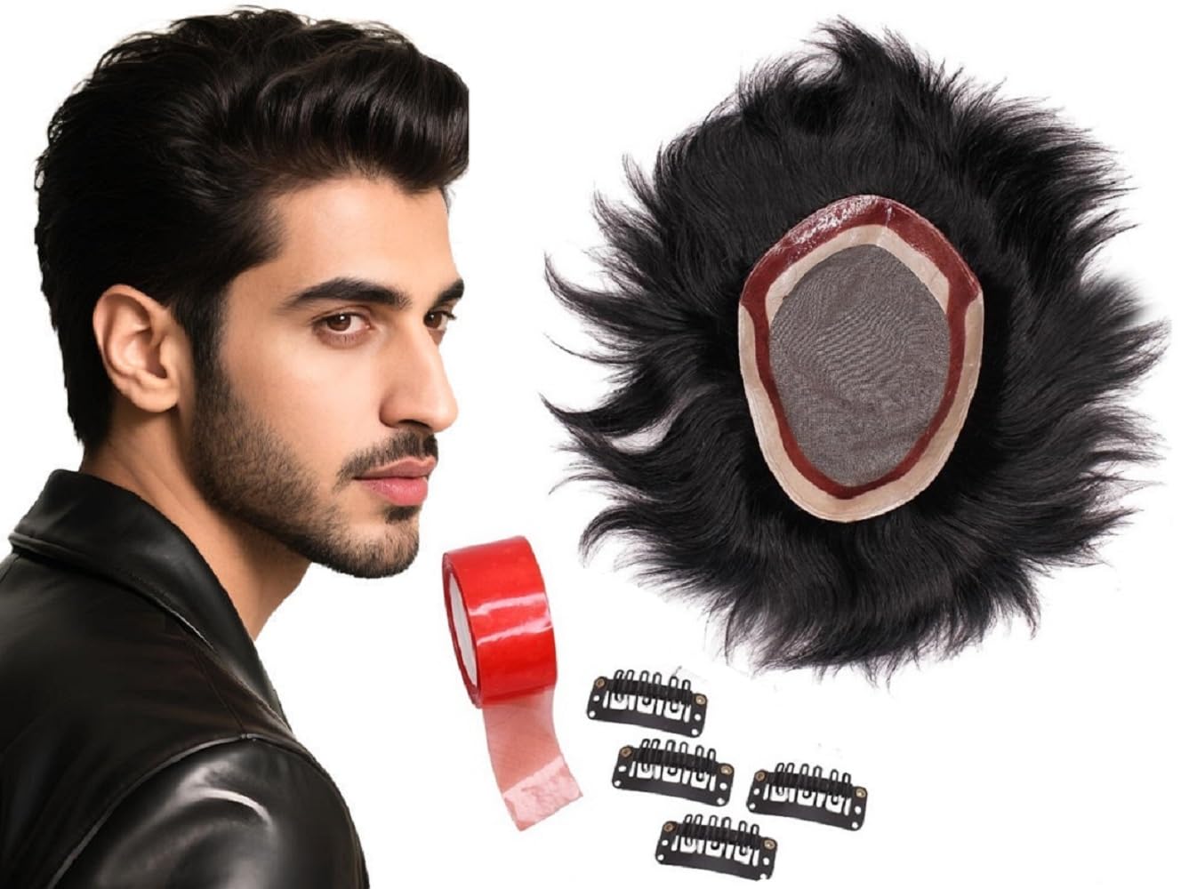 Prime Soft and Fine Looking Human Hair Monofilament Toupee/Patch/Wig for Men and Boys to Cover Bald Area with Free Small Hair Tape and Patch Clips (Natural Black Brown, 10 * 7)-image-25