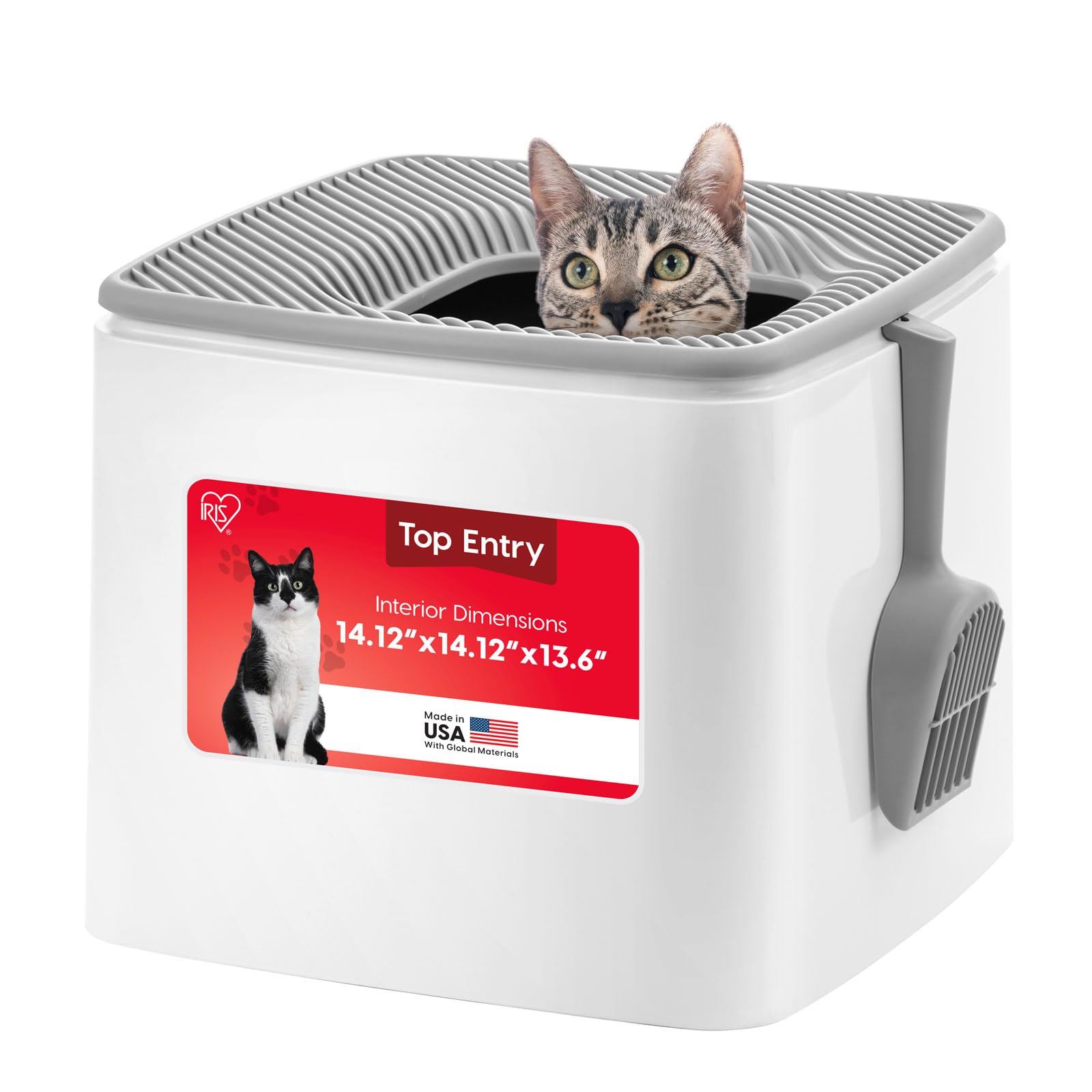 IRIS USA Top-Entry Litter Box with Scoop, Enclosed Square Style Litterbox with Odor Control, Easy to Clean for Cats, Covered Dog Proof Litter Box Design, White/Gray