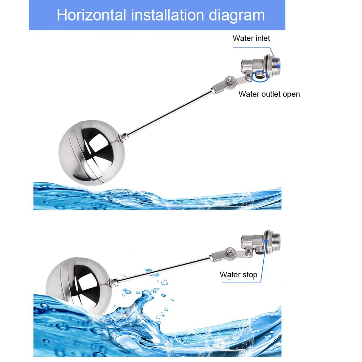 Válvula de bola flotante para tanques de agua, válvula flotante automática de metal para agua fría y caliente, control de nivel de líquido para piscinas y tanques, compatible con 1/2 a 2 pulgadas