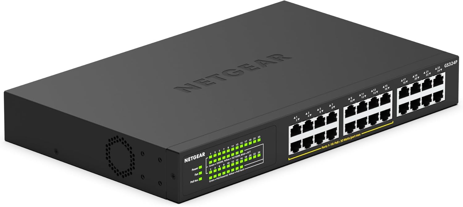 NETGEAR Switch Ethernet PoE 24 porte Unmanaged (GS324P), Switch PoE Gigabit con 16 PoE+ a 190 W, montaggio desktop o su rack