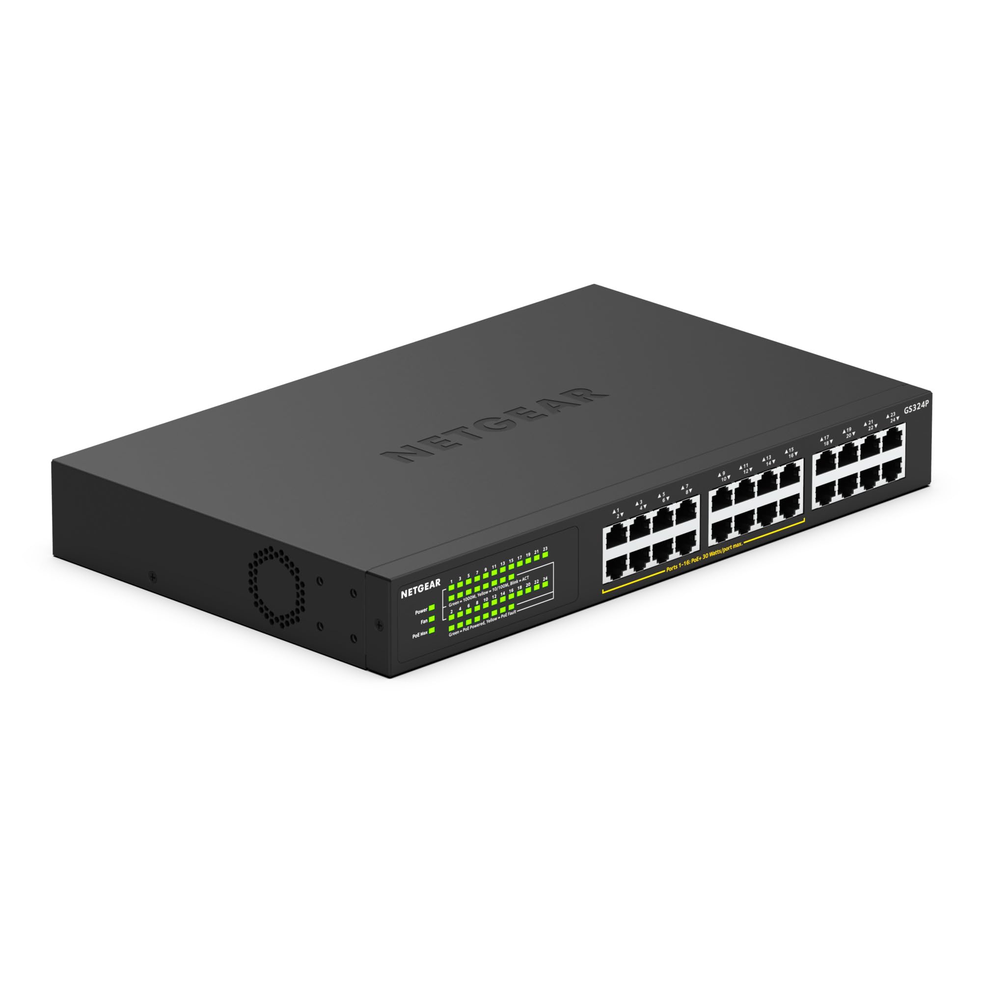 NETGEAR Switch Ethernet PoE 24 porte Unmanaged (GS324P), Switch PoE Gigabit con 16 PoE+ a 190 W, montaggio desktop o su rack