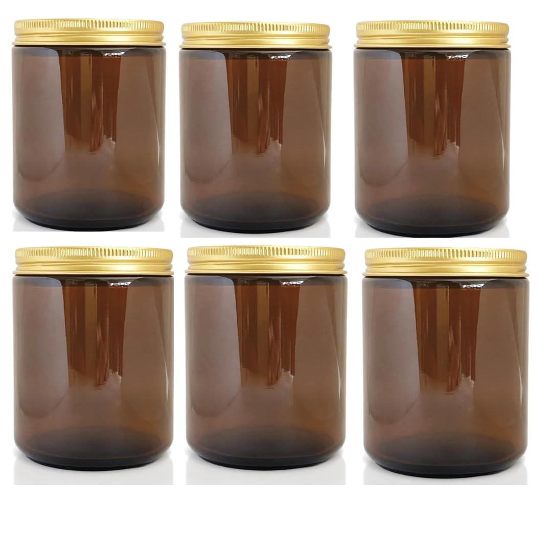 AMBER szklane słoiki ze złotymi pokrywkami, 6 sztuk, nadające się do recyklingu, bez BPA, puste słoiki do aromaterapii, kremy, do produkcji świec, 180 ml