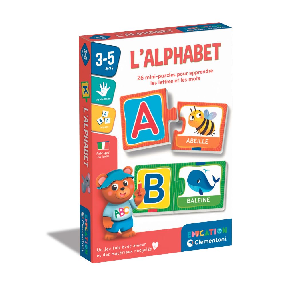 Clementoni | L'Alphabet – Puzzle Éducatif Lettres pour Enfants 3–5 Ans | 26 Mini-​Puzzles Autocorrectifs | Apprentissage Langage et Lecture | Carton Recyclé | Jeu Éducatif Maternelle