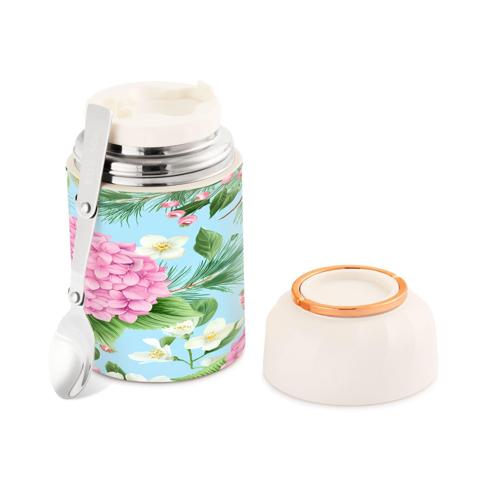 Tarro de comida aislado al vacío de acero inoxidable con elegante diseño de hortensias