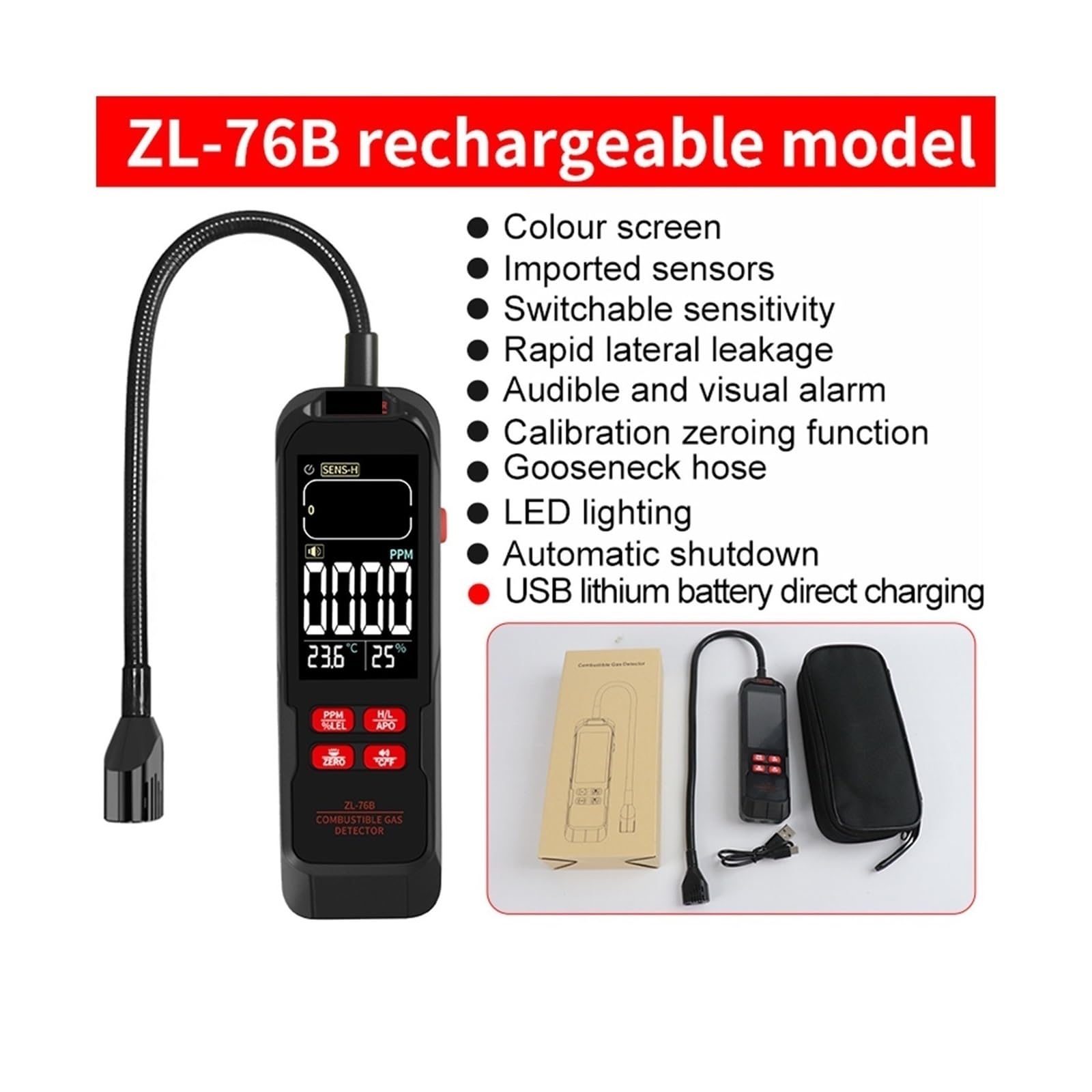Detector de Gases, Detector de Fugas Gas ZL76B con zumbador y Pantalla LCD, Detector Combustible, analizador Temperatura Humedad, Herramienta Prueba eléctrica(ZL73A Battery)