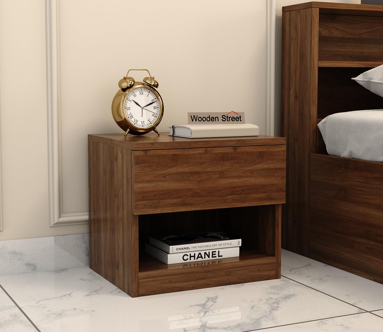Wooden Street Barriss Bed Side Table | Engineered Wood Bedside Table with Drawer Storage for Bedroom, Living Room (18 L x 15 W x 16 H Inches) | Columbian Walnut Finish