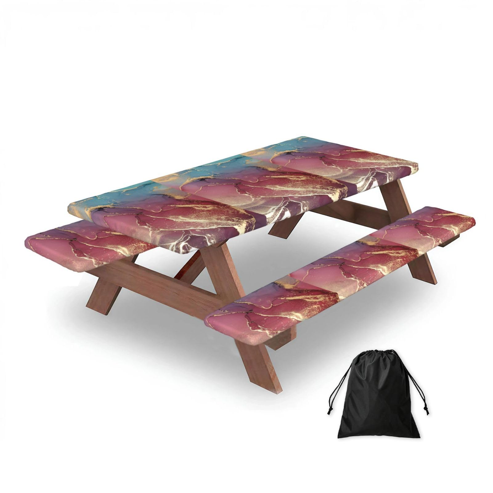 Marble Texture, Picnic Table Cover With Bench Covers -Waterproof Elastic Fitted Tablecloth for Garden Camping Patio 76x152cm
