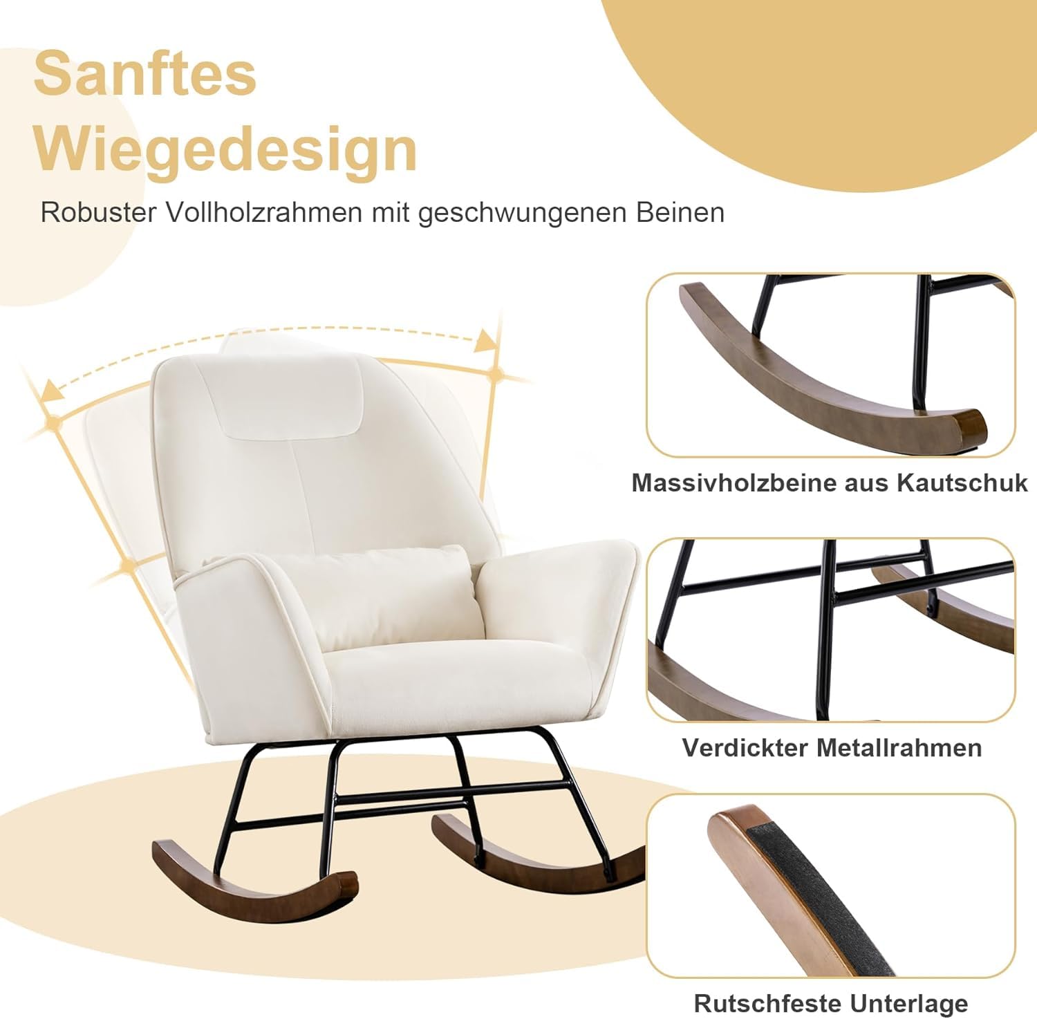 Schaukelstuhl Schaukelsessel Samt Sessel Wohnzimmer mit verdickte Kopfstütze und Holzsockel Moderne Polstersessel Relaxstuhl für Schlafzimmer Kinderzimmer Hotel Beige