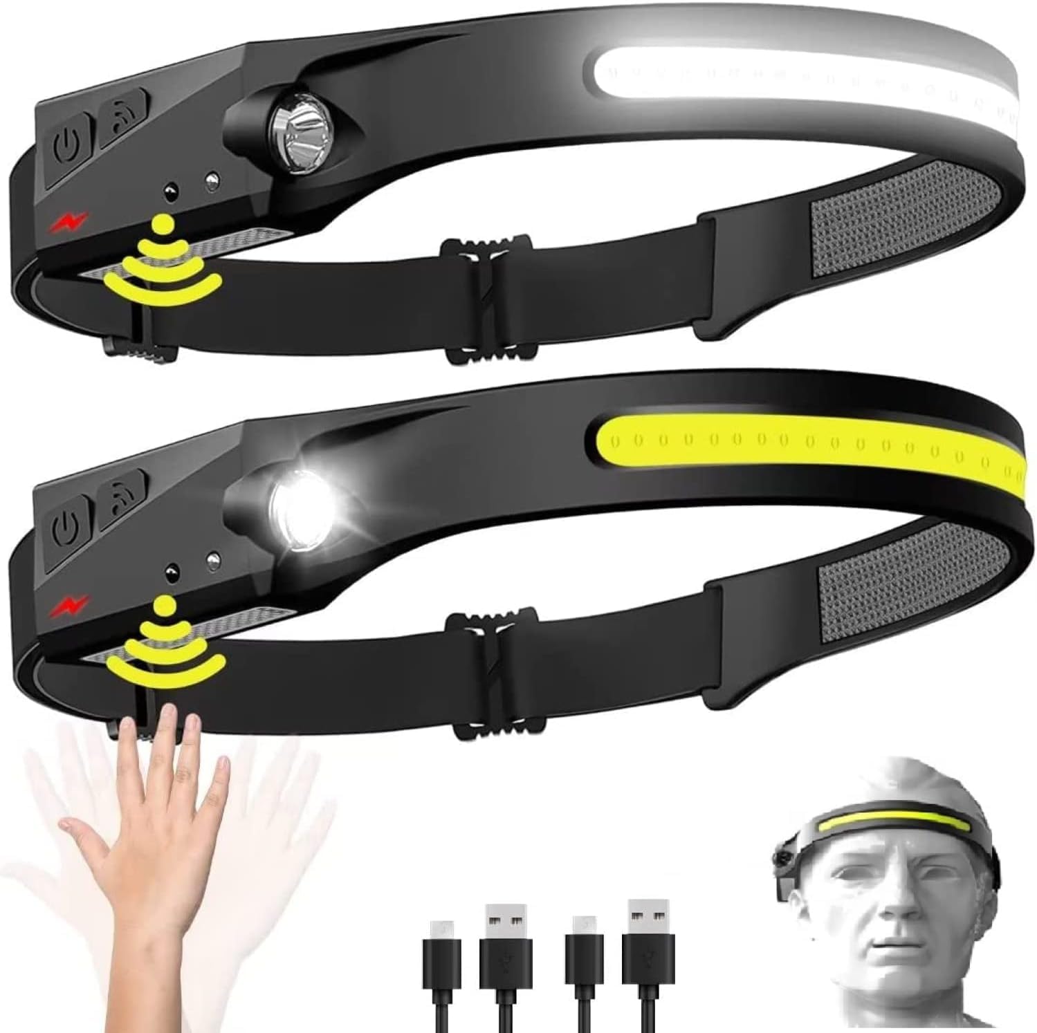 Headlamp Flashlight Rechargeable LED Headlamps 230° Wide Beam, Motion Sensor Lightweight Waterproof Ultra Bright Head Torch for Running Dry Camping Fishing Hiking Emergency Combo Pack-2