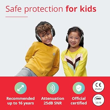 Alpine Muffy Kids - Hearing Protection - CE & ANSI Certified - Adjustable for Ages 3-16 years - Noise Cancelling Headphones - 25dB Sound Reduction Ideal for Protection and Concentration Aid Black