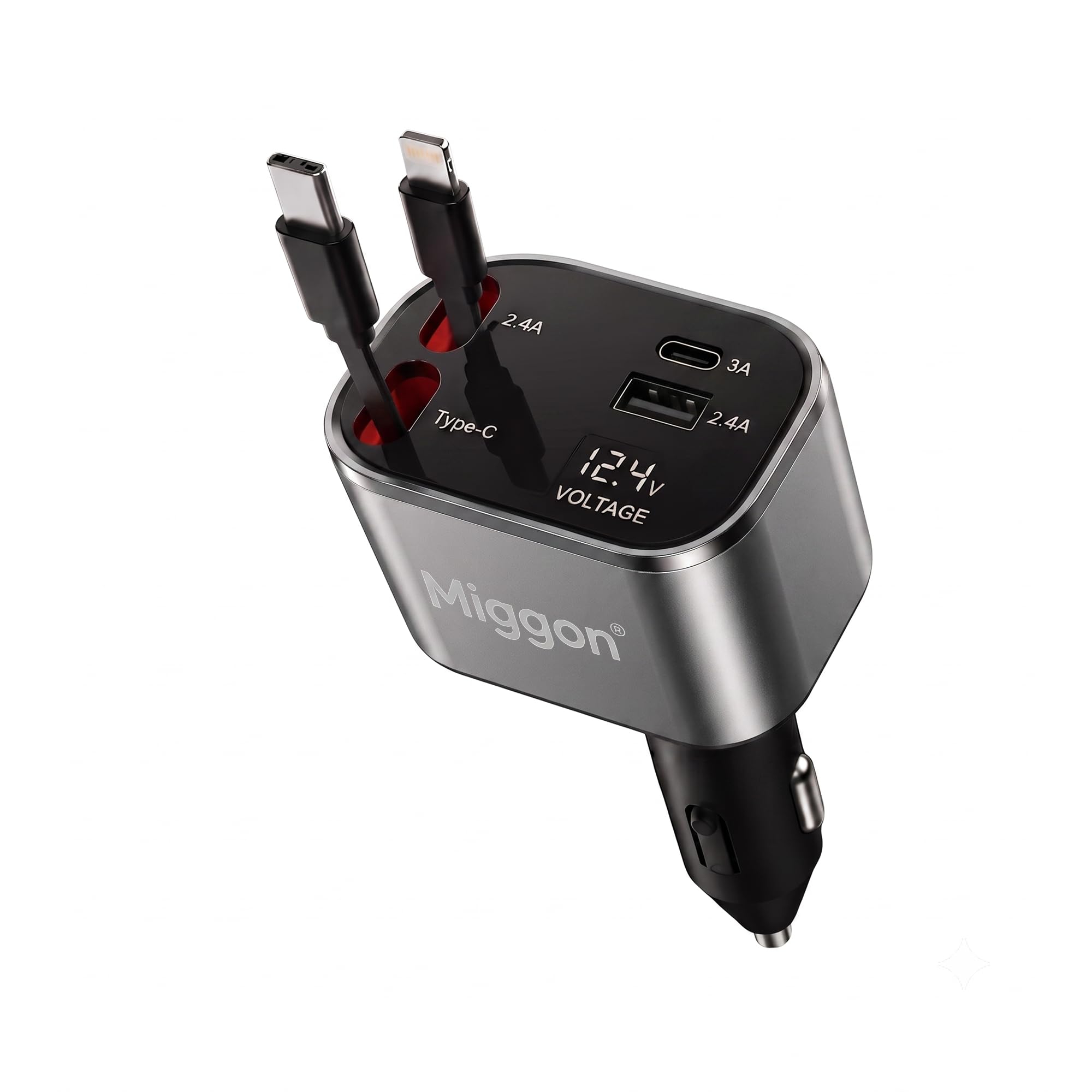 120w 4-in-1 car charger with built-in usb-c & lightning cables, usb-c & usb-a fast charging ports, led voltage display for iphone, samsung