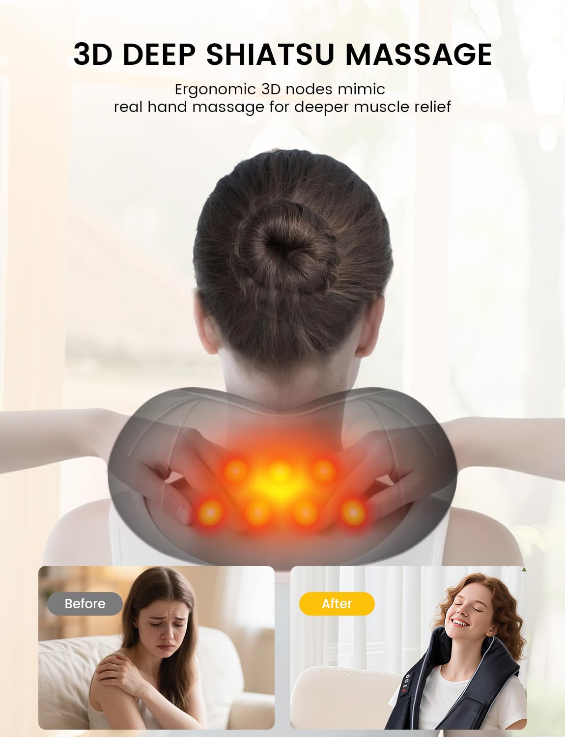 RIKE Shiatsu Nackenmassagegerät mit Wärme – 3D Massagegerät für Nacken, Schultern & Rücken, mit Netz- & Auto-Adapter, tiefenwirksame Knetmassage, Weihnachtsgeschenke für Männer & Frauen