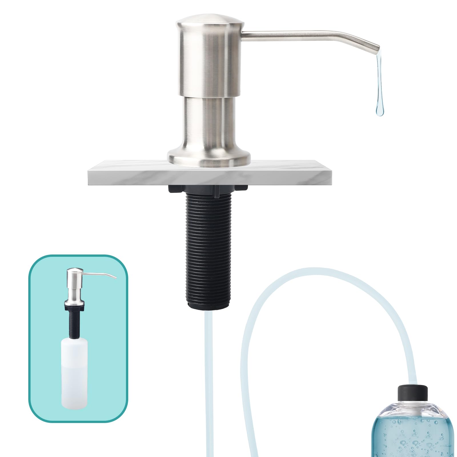Dispensador de Jabón de Cocina Bajo Encimera – Dosificador Jabon Cocina con Botella de 500 ml y Tubo de Extensión de Silicona 1,0 m – Dispensador para Fregadero, Cepillado
