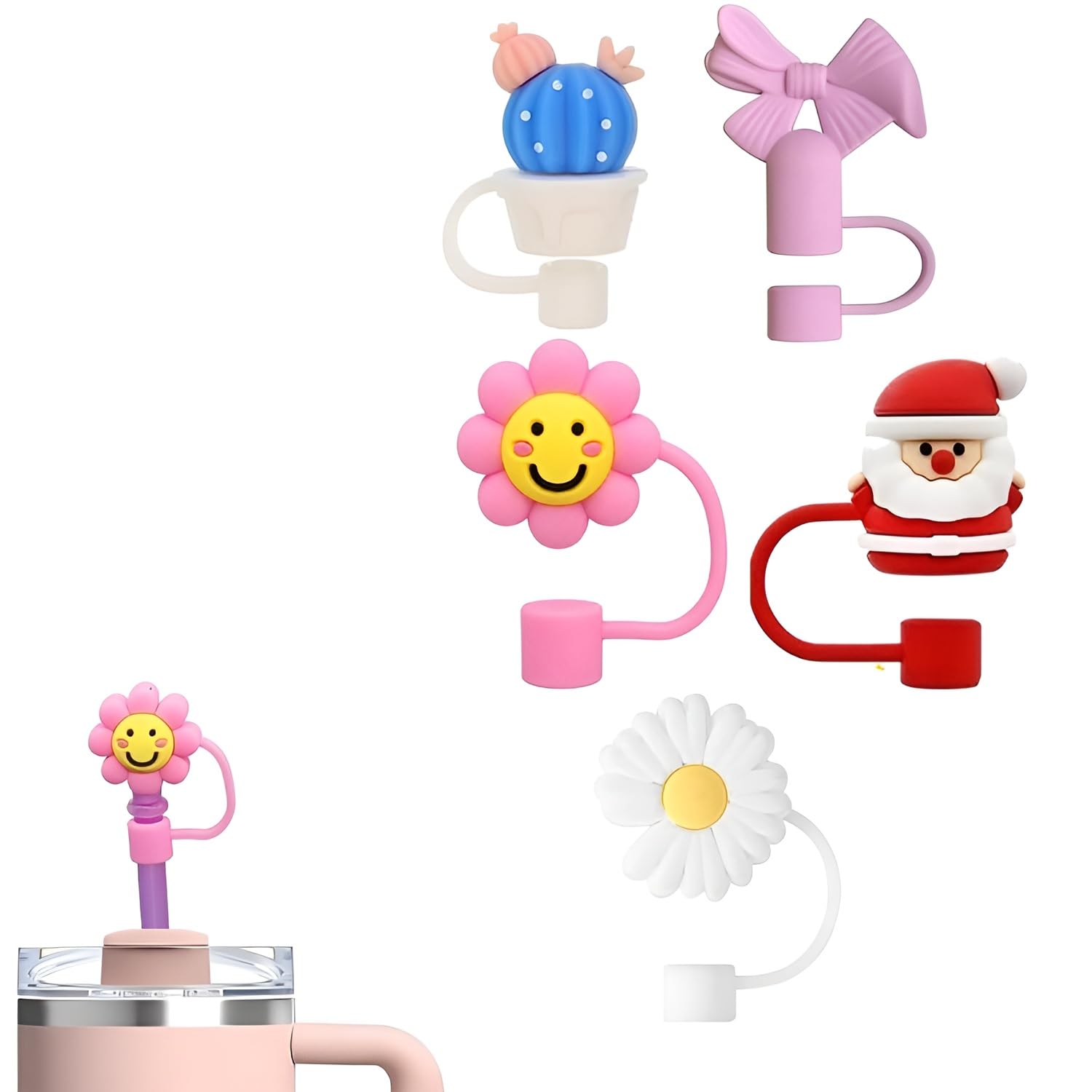 MAPPERZ Silicone Cap Different Cartoon Cover Tumblers, Cute Dringking Toppers Dustproof Reusable Tips Lids, Bulk Straw Silicone Protector Caps Pack of (5)-image-4