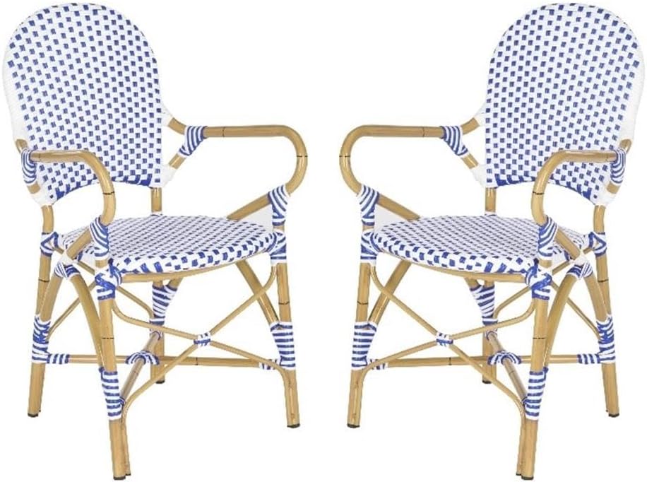Pemberly Row Rattan Indoor/Outdoor Arm Chairs, Blue and White Woven PE Wicker, Faux Bamboo Frame, Weather Resistant, 35 in Height, Set of 2, Coastal Cottage Style for Patio or Bistro Use