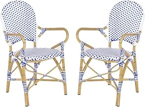 SAFAVIEH Outdoor - Hooper Stacking Arm Chair Set of 2 - Blue & White - Faux Wicker & Aluminum Frame - Bamboo Bistro Design - Ideal for Patio, Deck, Sunroom, Dining, 17.3" Seat Height (FOX5209A-SET2)
