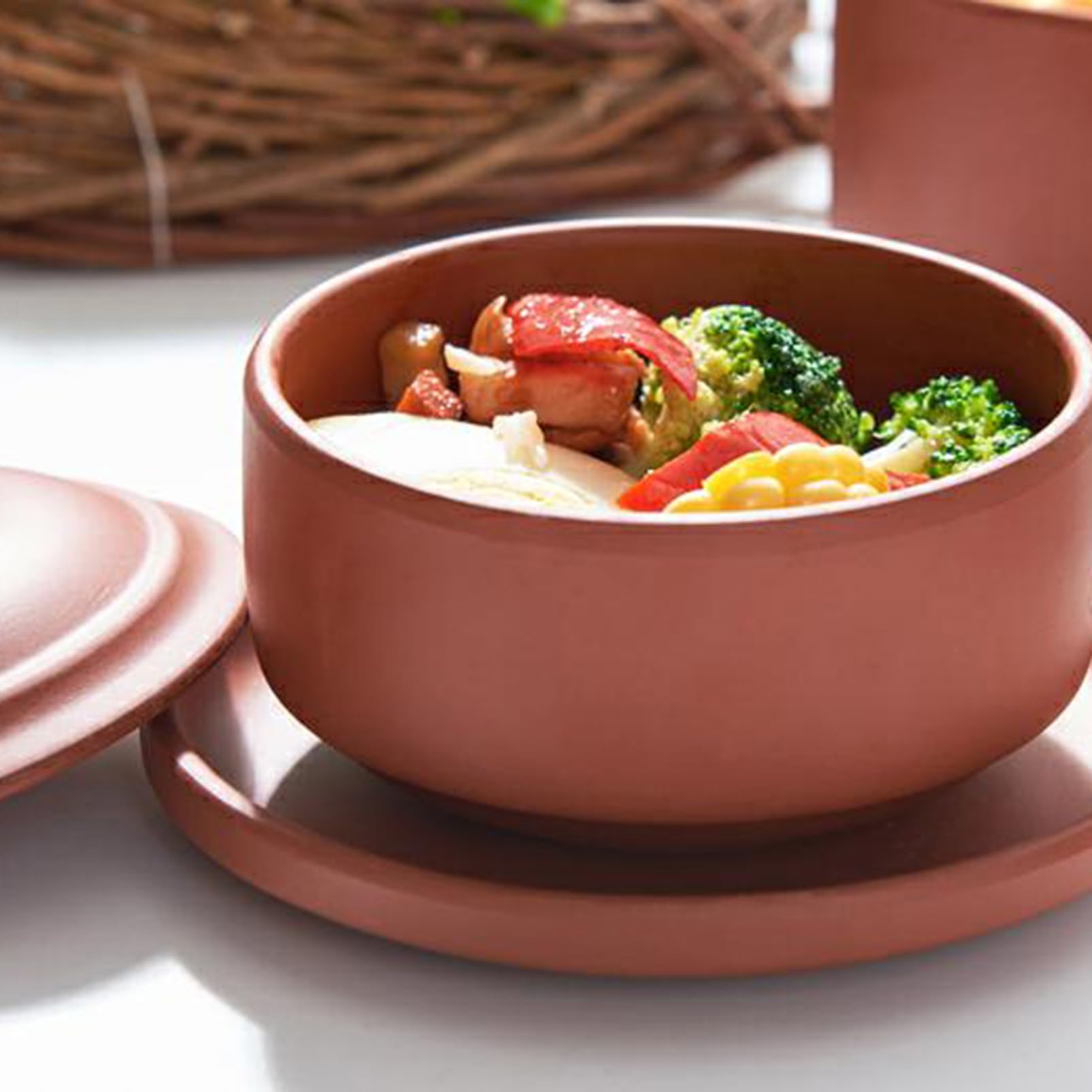 Cabilock Bol à Riz en Poterie Couvercle, Bol à Cuisson la Vapeur Multifonction, Style Ancien, Cuisine et Table