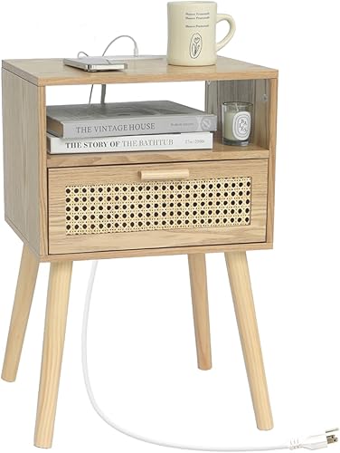 Miniatura 17 de MaxSmeo Mesita de noche blanca con cajón, mesita de noche moderna de mediados de siglo, mesa auxiliar de ratán, mesa auxiliar con almacenamiento