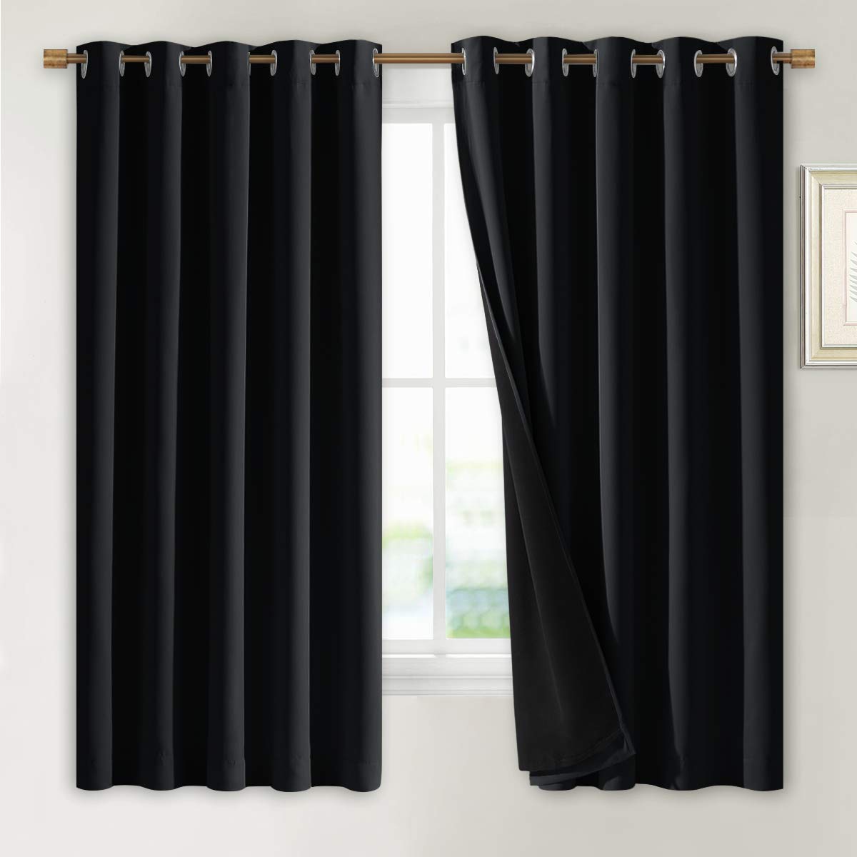 NICETOWN Complete 100% Blackout Curtains, Thermal Insulated &amp; Energy Efficiency Window Draperies with Black Liner, Noise Reducing Short Curtains for Kids Room (Black, 70-inch W by 63-inch L, 2 Panels)