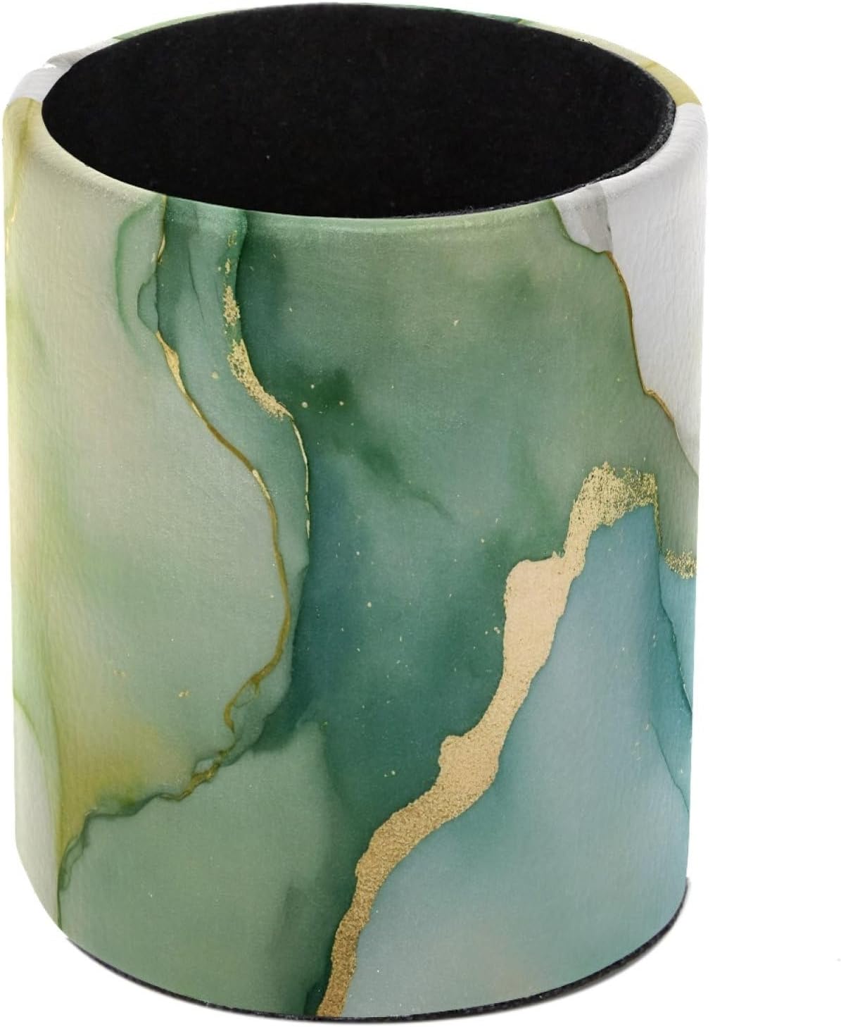 Green Gold Marble Texture Leather Pencil Holder for Desk, Cylindrical Pen Cup Desk Organizer, Sturdy Scratch-Resistant Desk Accessories for Office, School Classroom, Home Office, Vanity Makeup Storage