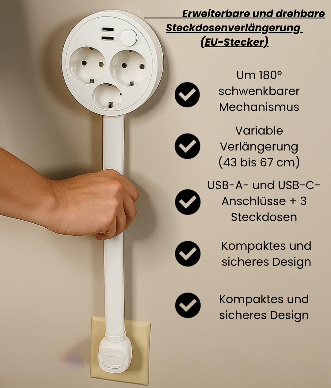 INIA – Erweiterbare und drehbare Steckdosenverlängerung Steckdosen - Verlängerung mit 360° schwenkbarer, ausziehbarer Verlängerungsstange 3 Fach Steckdose, 1 USB - A und 1 USB - C