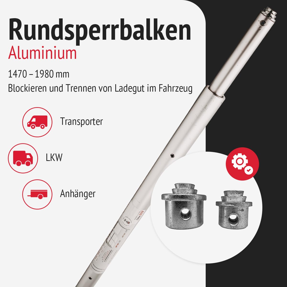 Rundsperrbalken Alu verstellbar Einsatzbereich: 1470 – 1980 mm | Sperrstange | eloxiertes Aluminium | mit Kombizapfen | für Airline- und Zurrschienen