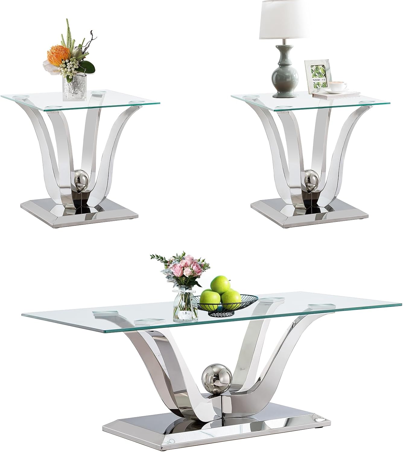 Modern Silver Glass Coffee Table Set of 3, Clear Glass Coffee Table and 2 End Side Table Set with Stainless Steel Frame, Luxury Silver 3 Piece Living Room Table Set for Home Office Apartment
