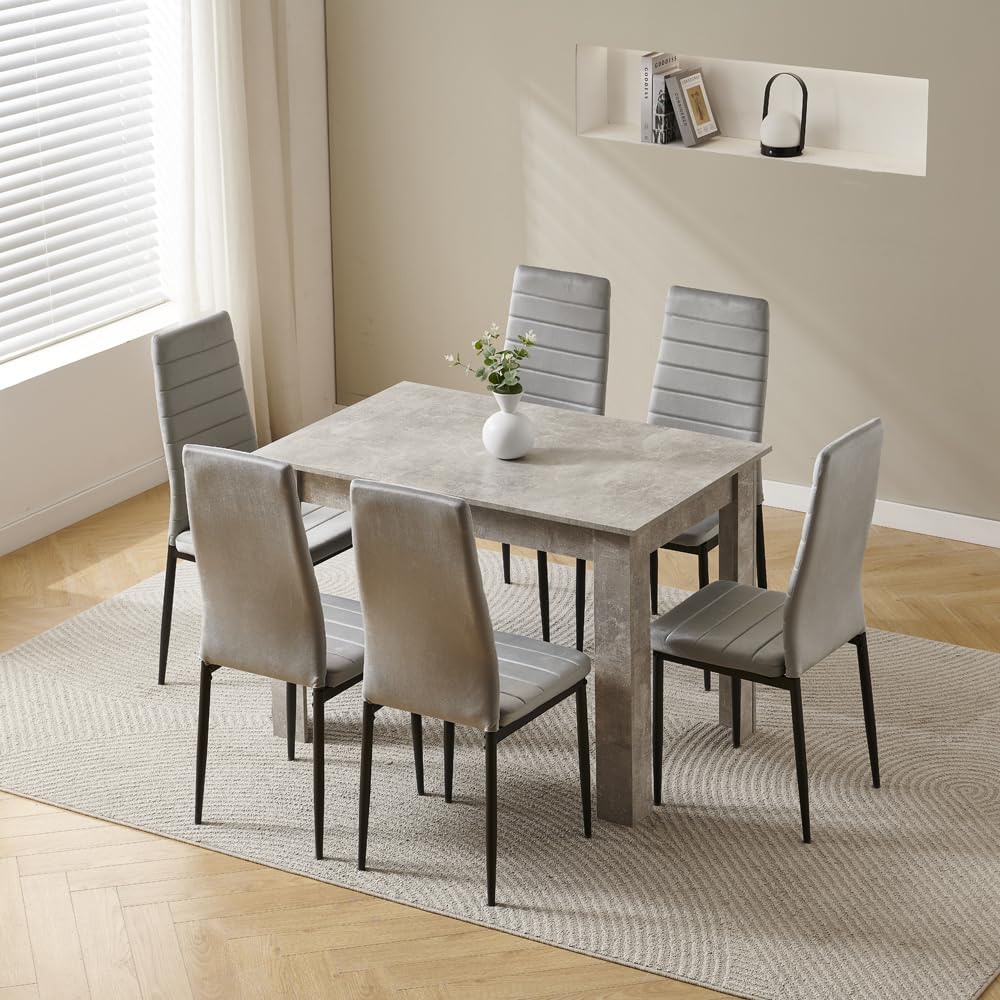 Menaka 120cm Grey Wood Dining Table and Chairs Set of 6, Small Rectangular Kitchen Dinner Table with 6 Seaters (line grey velvet chairs, 120m high gloss grey marble table, 6 seaters)