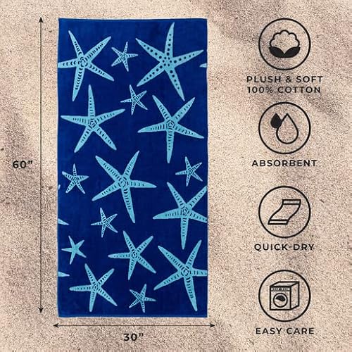 Great Bay Home Towel, Large Beach Cotton Towel Set Of 2 - Starfish Beach Towels For Adults And Absorbent Velour Pool Towels, Lightweight Quick Dry Beach Towel Pack, Star Fish & Stripes #TOP1